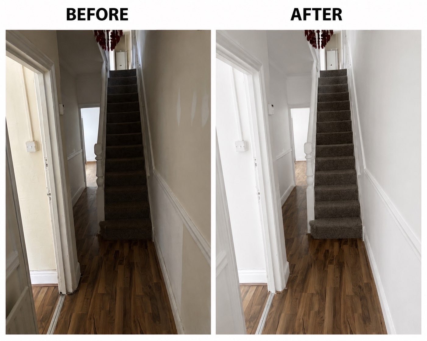 Downstairs hallway and staircase before and after decorating in crisp white