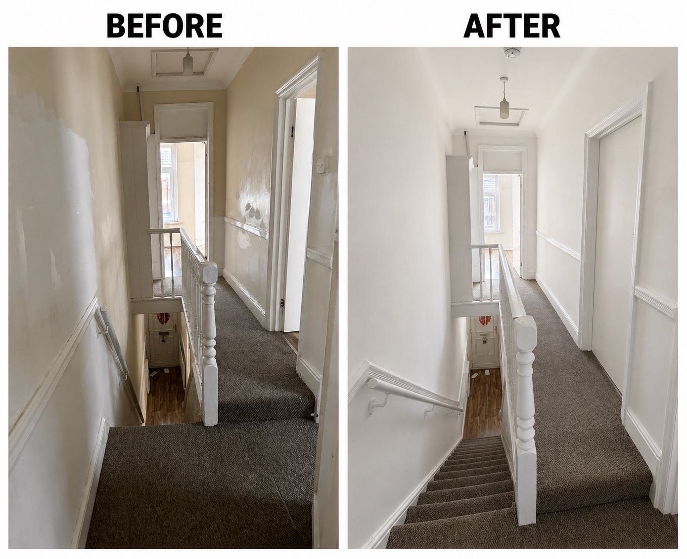 Upstairs landing and stairs before and after repainting in white