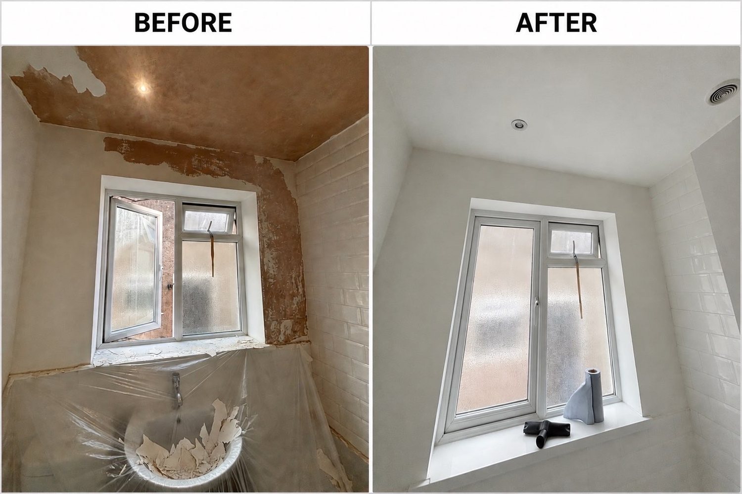 Bathroom walls and ceiling before and after skim and paint