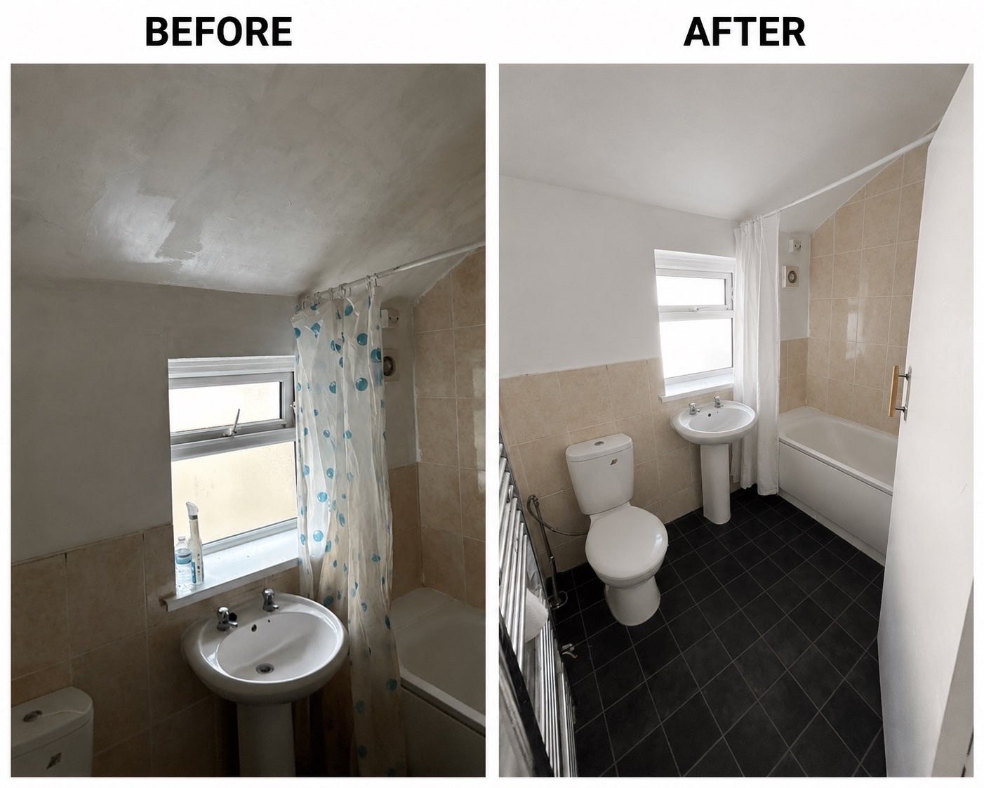 Bathroom before and after a full redecoration