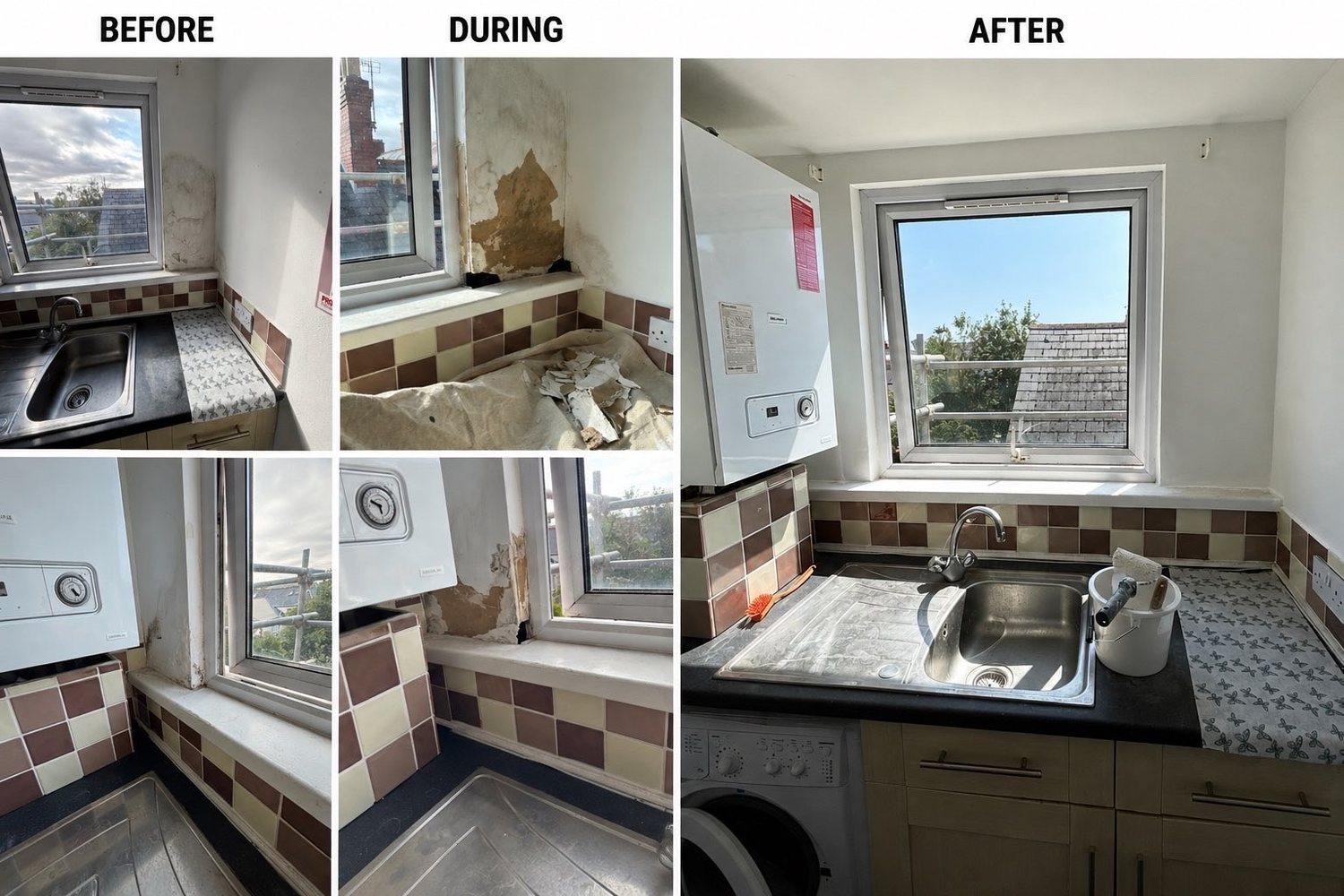 Kitchen wall before, during and after damp repair and repainting