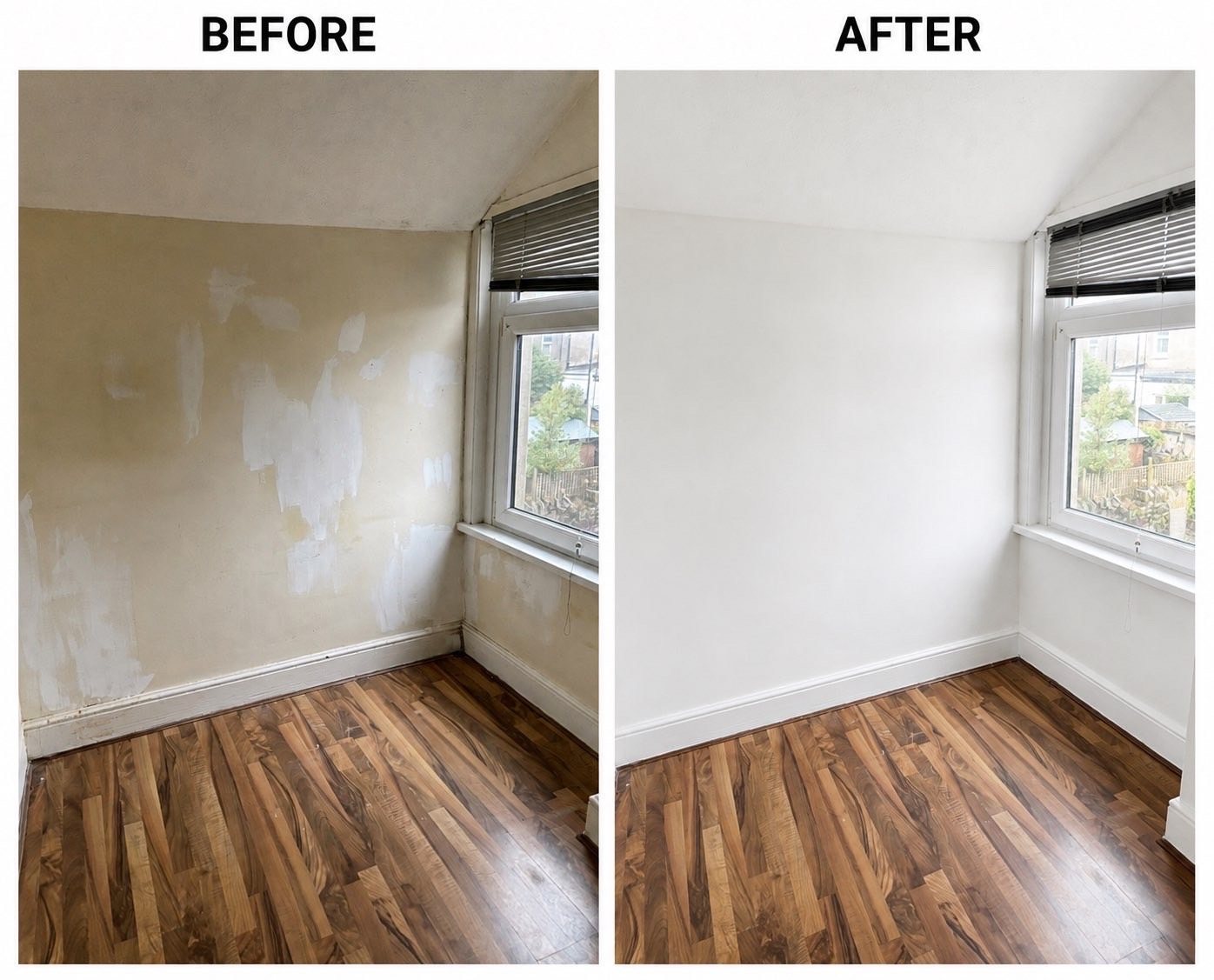 Bedroom before and after a full repaint in white