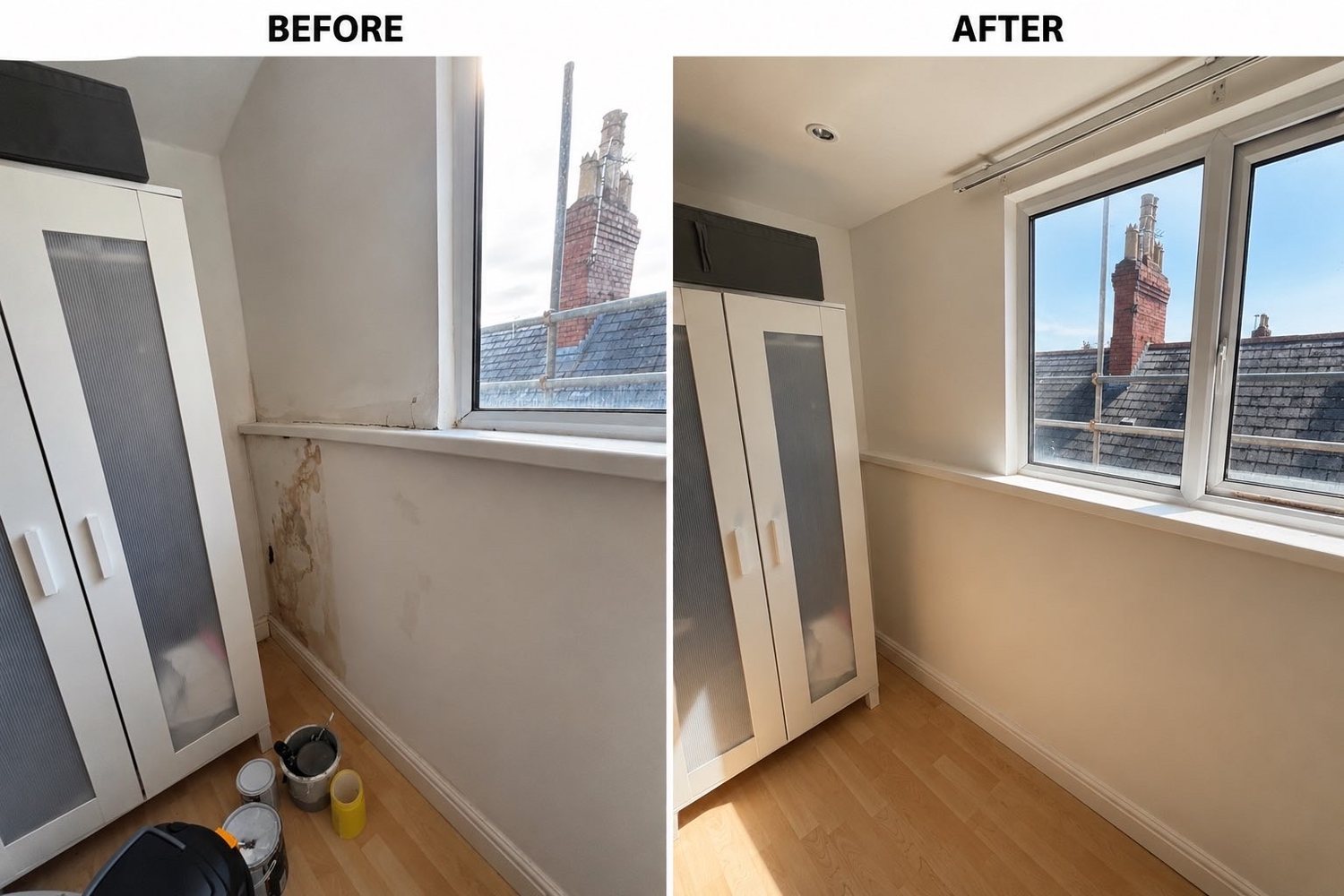 Box room damp-damaged wall before and after repair and repaint