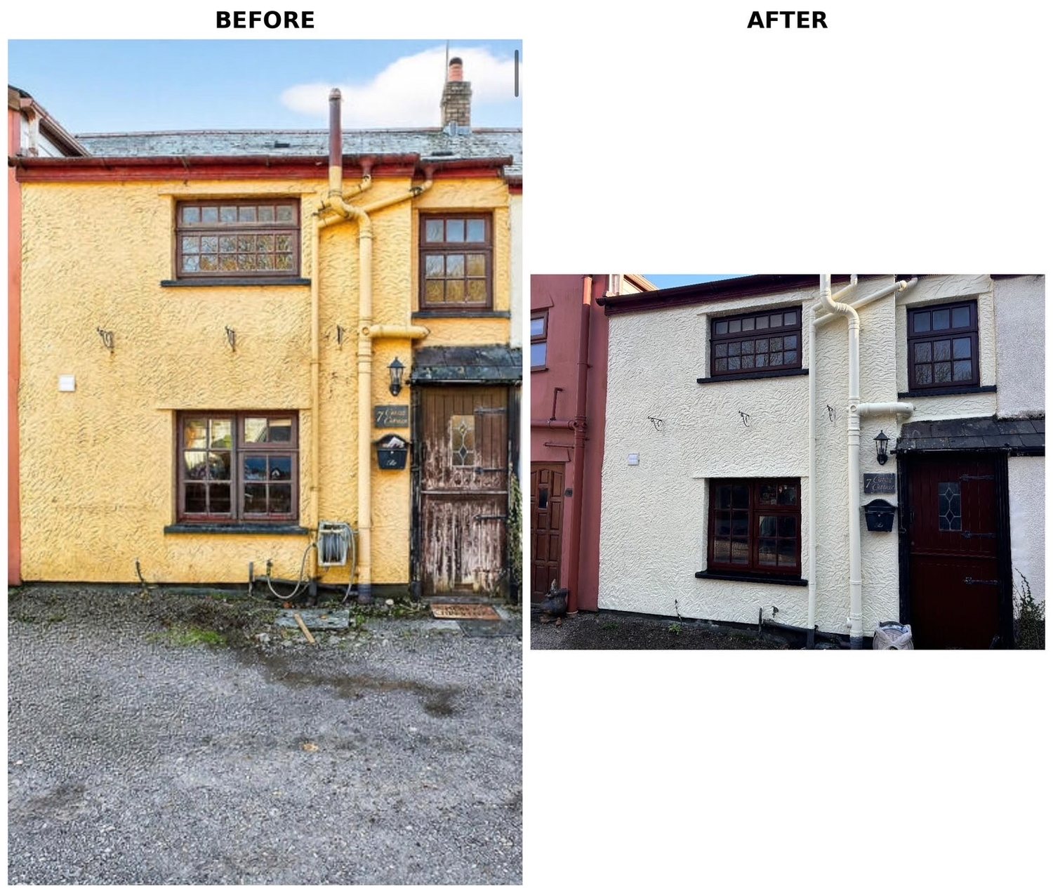 Rendered cottage exterior before and after repainting