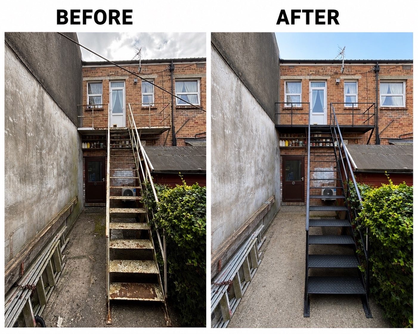 Rear yard access staircase before and after refurbishment